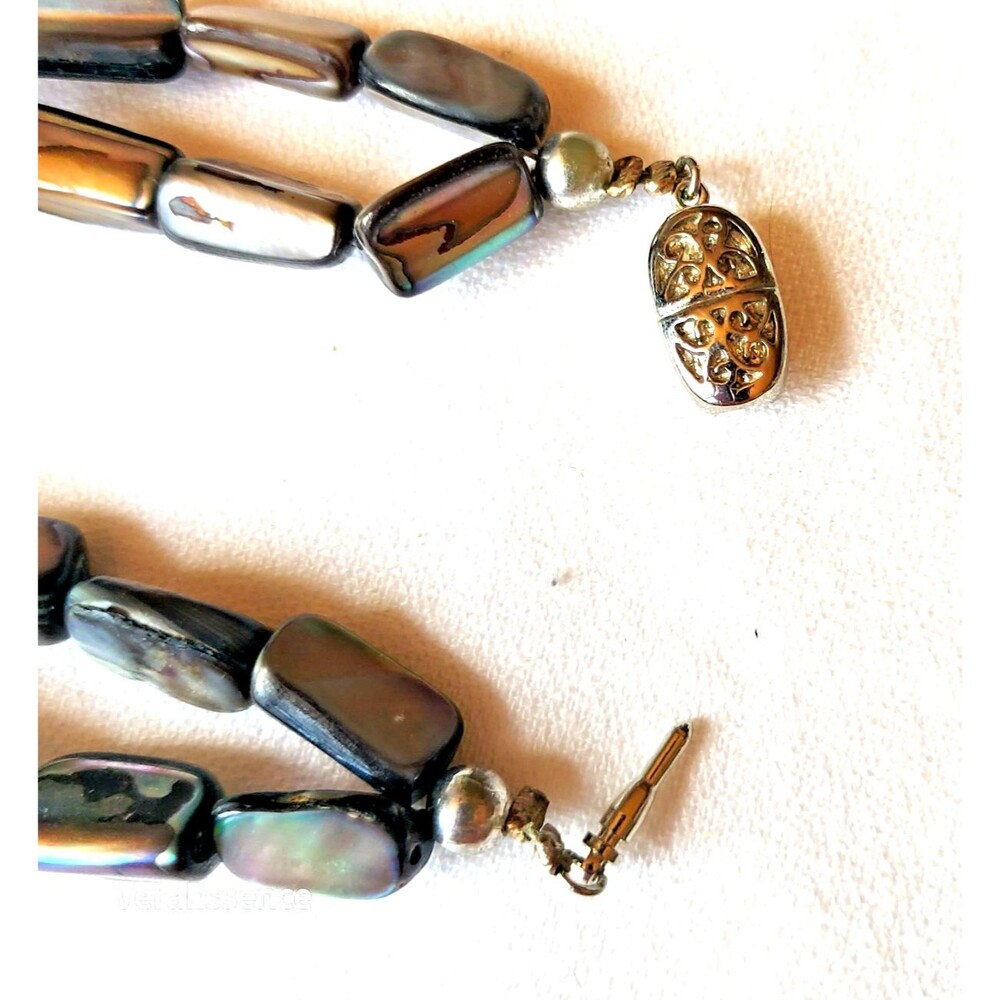 Vintage Mother of Pearl Abalone Paua Shell Beaded Mosaic Bracelet 7.5" - Picture 4 of 10